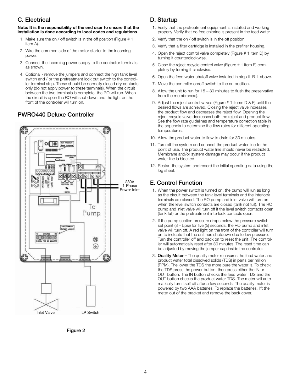 C. electrical, Pwro440 deluxe controller d. startup, E. control function | Watts PWRO440 User Manual | Page 4 / 8