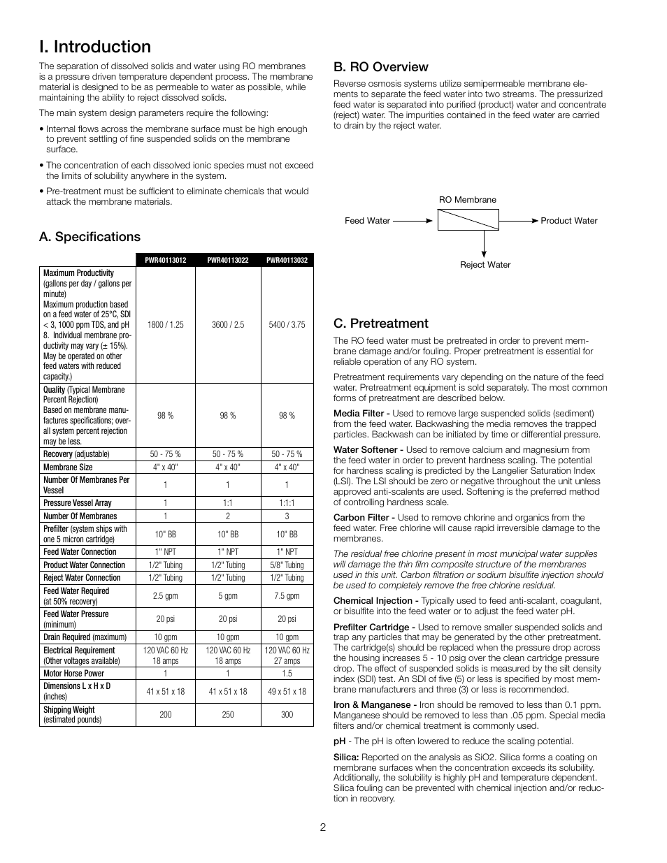I. introduction, C. pretreatment, A. specifications | B. ro overview | Watts PWR4011 User Manual | Page 2 / 8