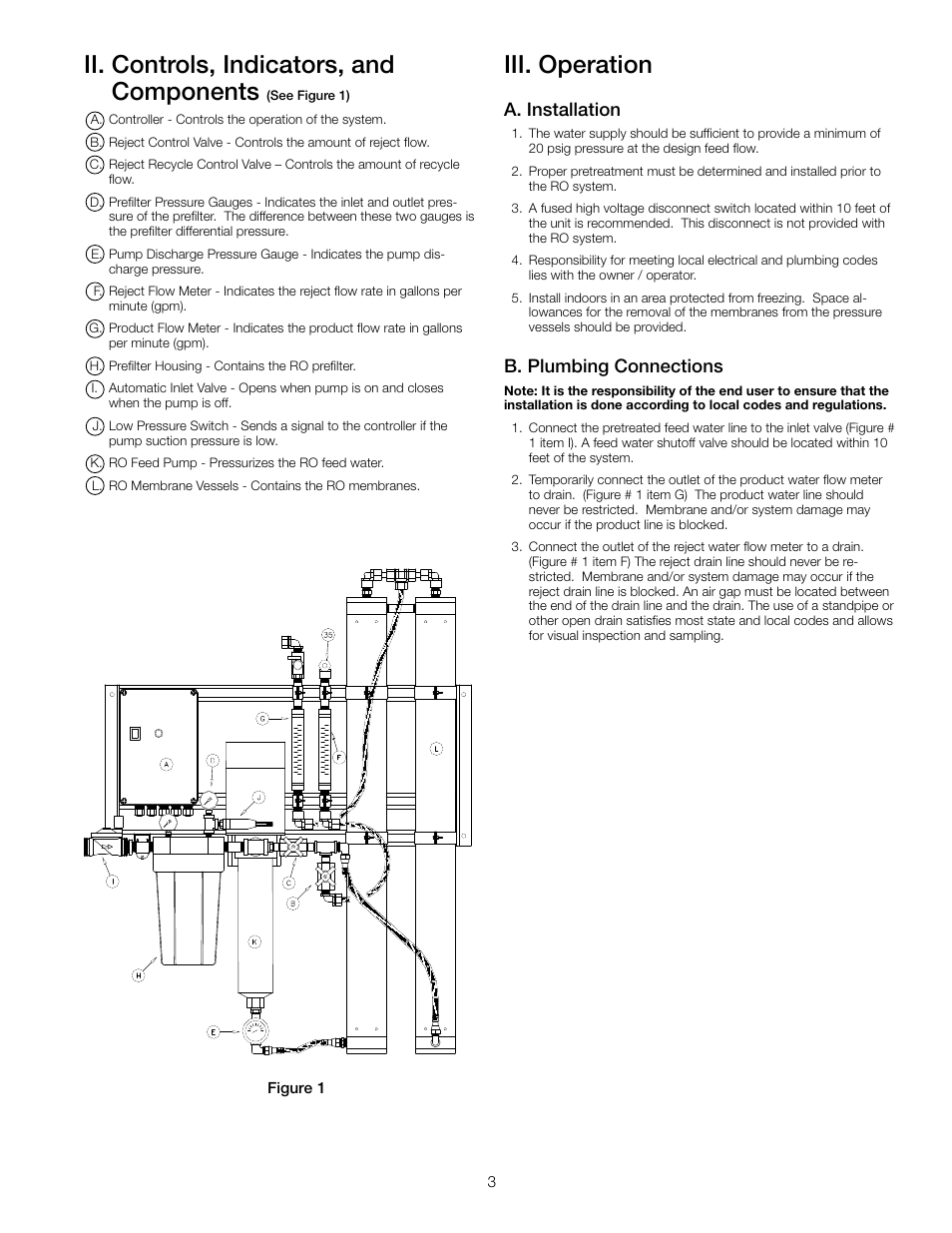 Ii. controls, indicators, and components, Iii. operation, A. installation | B. plumbing connections | Watts PWR4011 User Manual | Page 3 / 8
