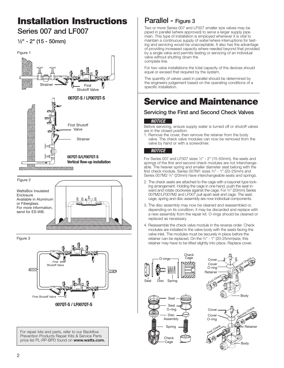 Installation instructions, Service and maintenance, Parallel | Servicing the first and second check valves, Figure 3 | Watts SS007 User Manual | Page 2 / 4