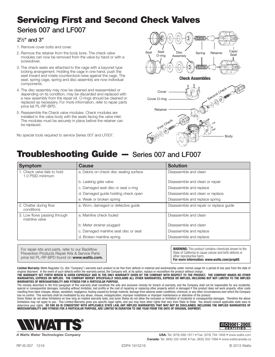 Servicing first and second check valves, Troubleshooting guide, And 3 | Symptom cause solution | Watts SS007 User Manual | Page 4 / 4