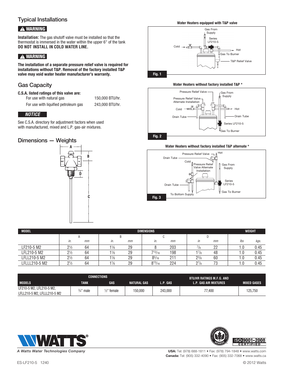 Dimensions — weights, Typical installations, Gas capacity | Warning, Notice | Watts LF210-5 User Manual | Page 2 / 2