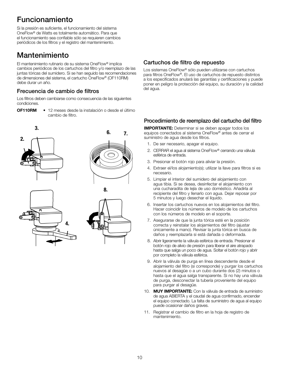 Mantenimiento, Funcionamiento, Procedimiento de reemplazo del cartucho del filtro | Frecuencia de cambio de filtros, Cartuchos de filtro de repuesto | Watts OF110-1 User Manual | Page 10 / 20