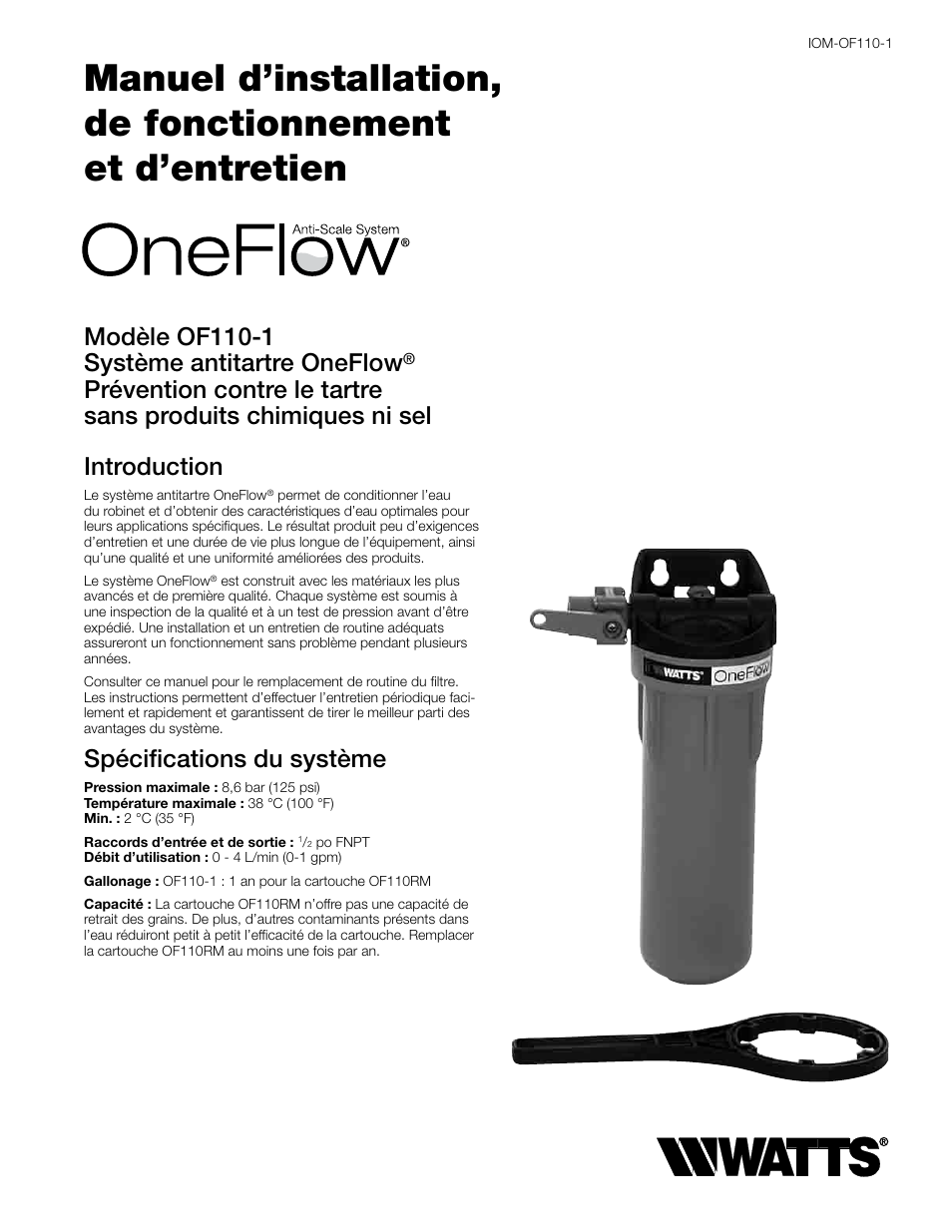 Modèle of110-1 système antitartre oneflow, Spécifications du système | Watts OF110-1 User Manual | Page 13 / 20