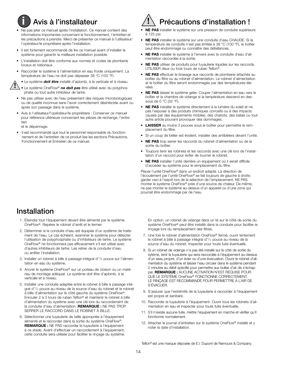 Avis à l’installateur, Précautions d’installation, Installation | Watts OF110-1 User Manual | Page 14 / 20