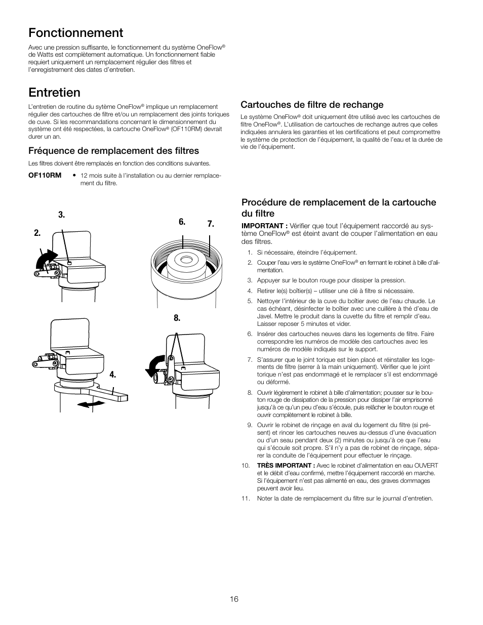 Entretien, Fonctionnement, Fréquence de remplacement des filtres | Cartouches de filtre de rechange | Watts OF110-1 User Manual | Page 16 / 20