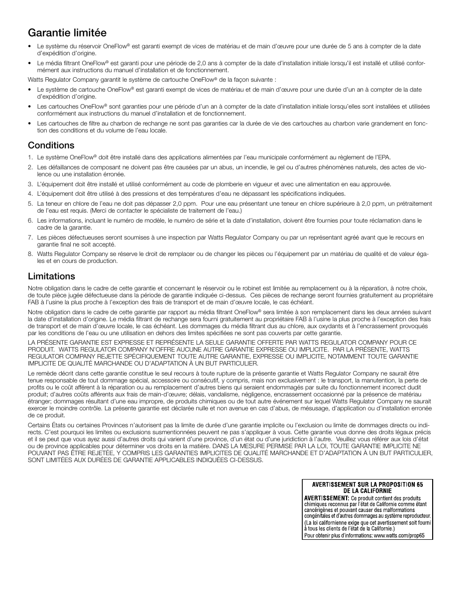 Garantie limitée, Conditions, Limitations | Watts OF110-1 User Manual | Page 18 / 20