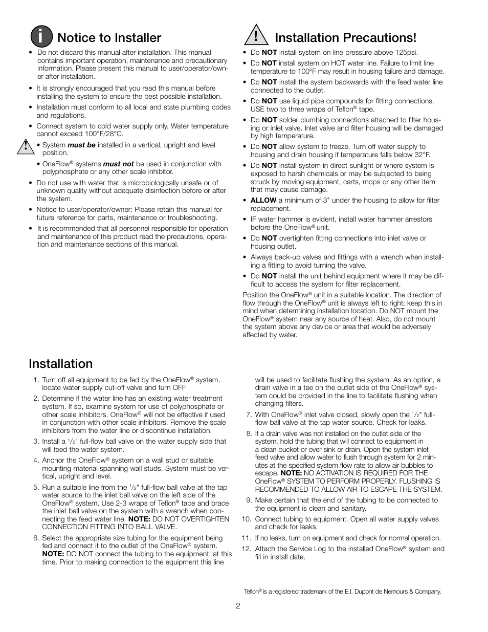 Notice to installer, Installation precautions, Installation | Watts OF110-1 User Manual | Page 2 / 20