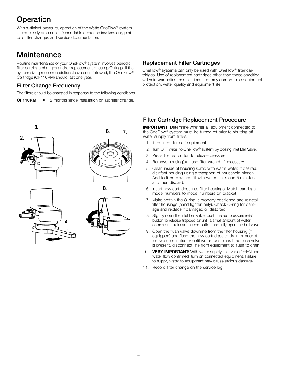 Maintenance, Operation, Filter cartridge replacement procedure | Filter change frequency, Replacement filter cartridges | Watts OF110-1 User Manual | Page 4 / 20