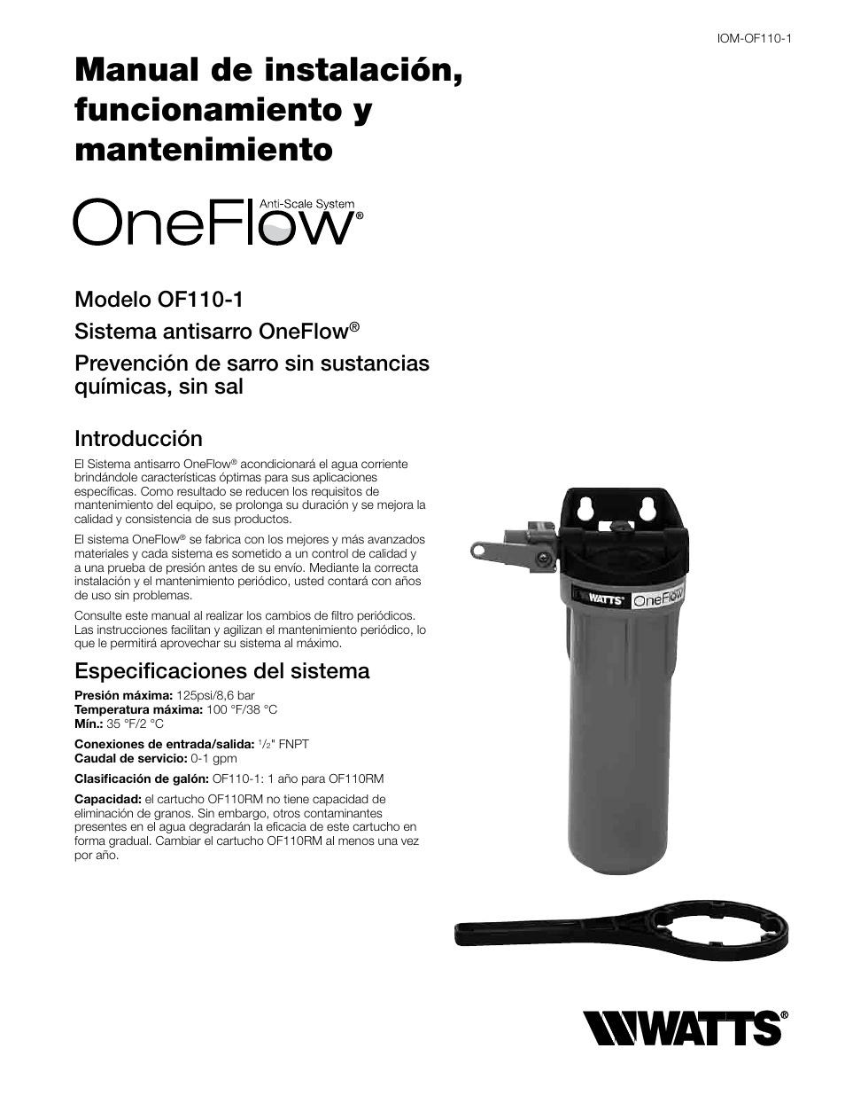 Modelo of110-1 sistema antisarro oneflow, Especificaciones del sistema | Watts OF110-1 User Manual | Page 7 / 20