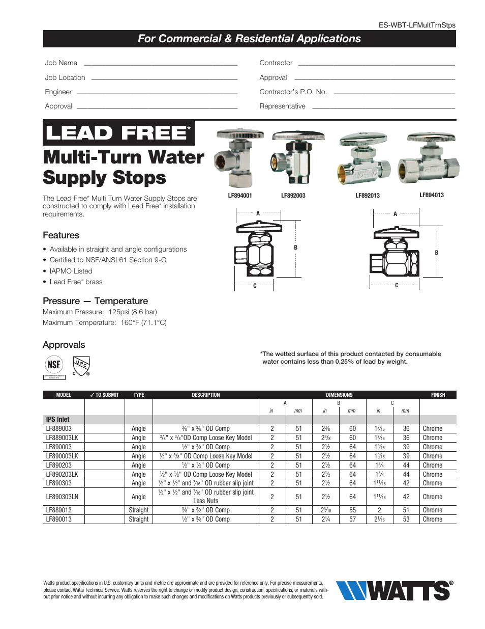 Watts F890 003 User Manual | 2 pages