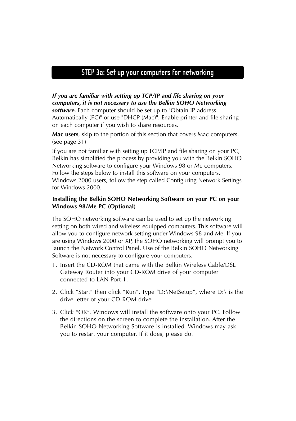 Step 3a: set up your computers for networking | Belkin F5D6230-3 User Manual | Page 24 / 71