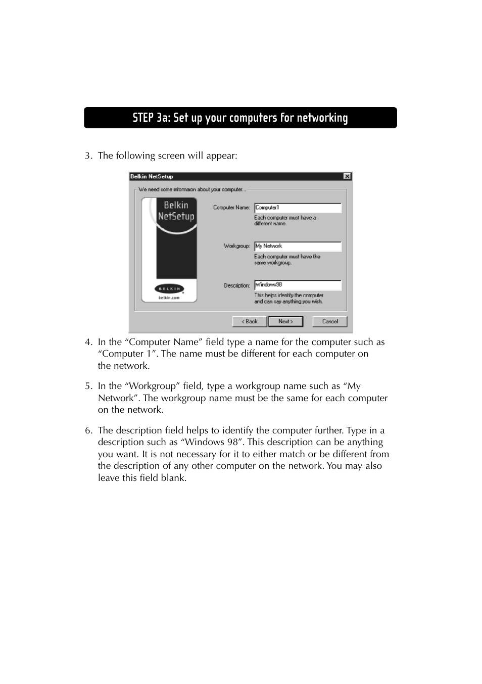 Step 3a: set up your computers for networking | Belkin F5D6230-3 User Manual | Page 26 / 71