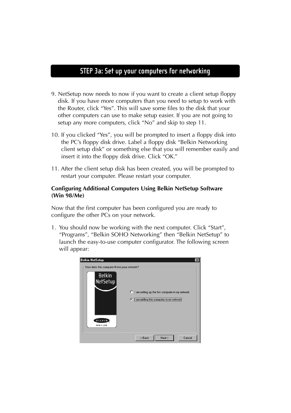 Step 3a: set up your computers for networking | Belkin F5D6230-3 User Manual | Page 28 / 71