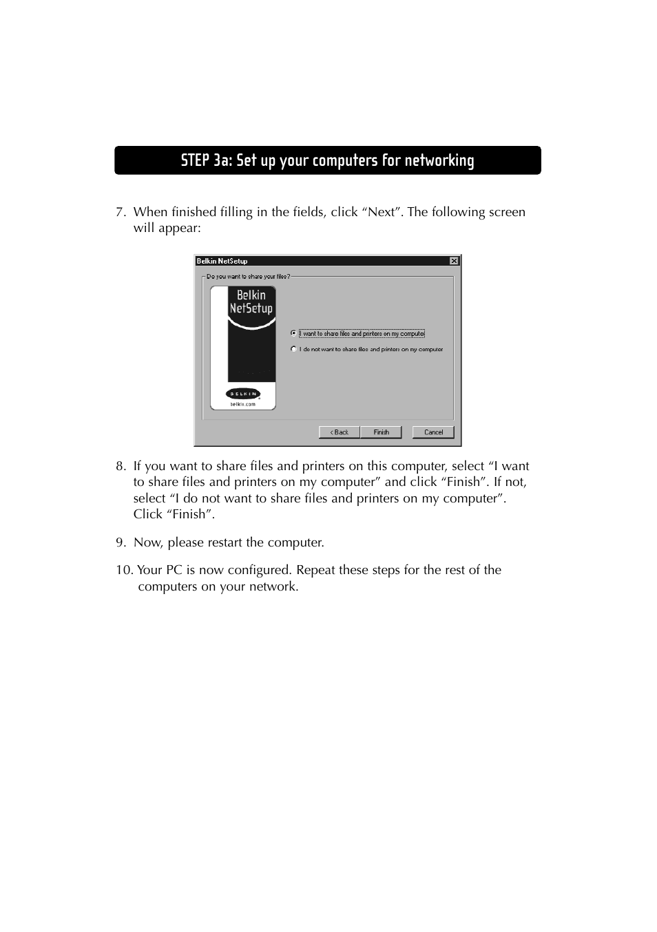 Step 3a: set up your computers for networking | Belkin F5D6230-3 User Manual | Page 30 / 71