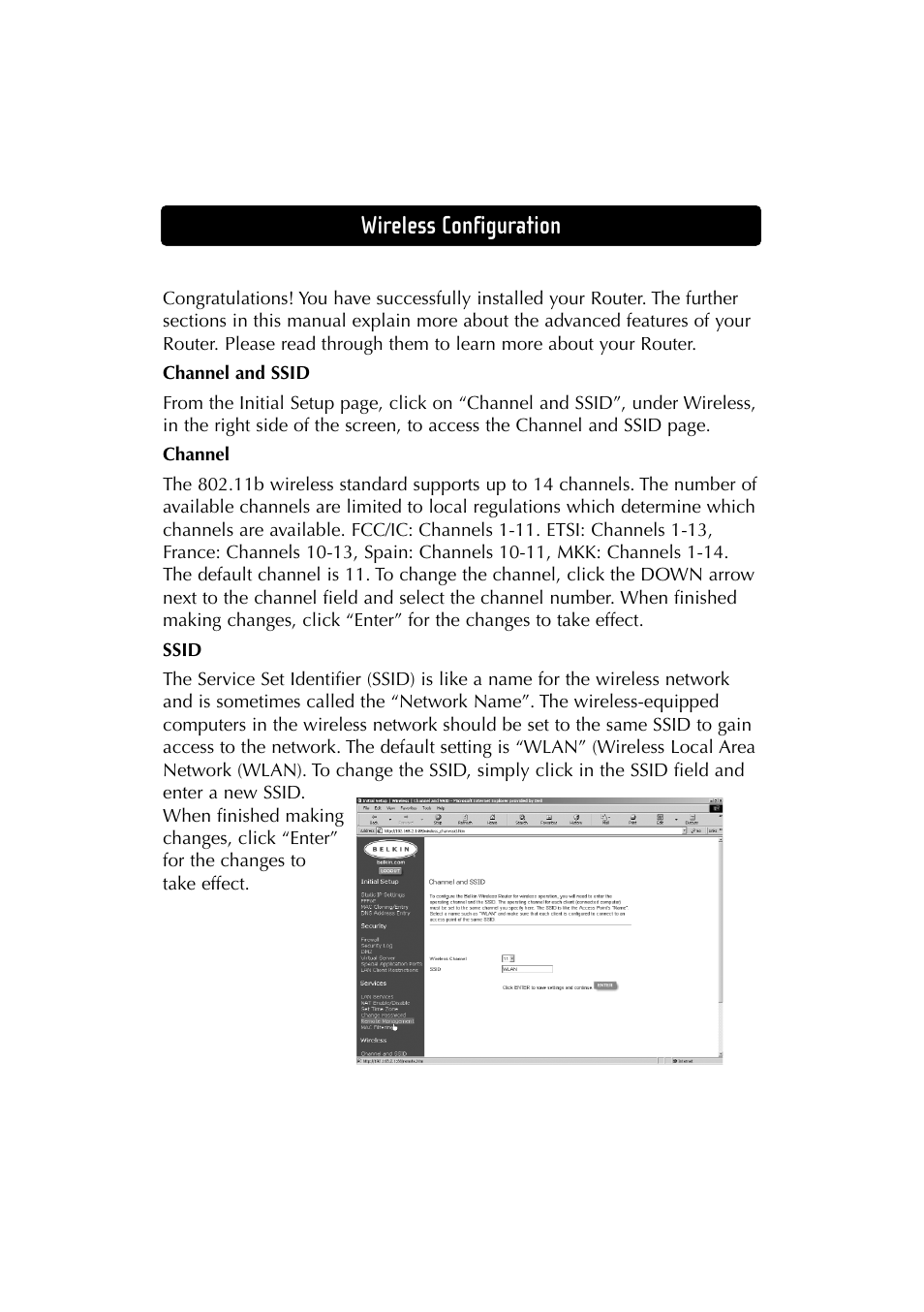 Wireless configuration | Belkin F5D6230-3 User Manual | Page 48 / 71