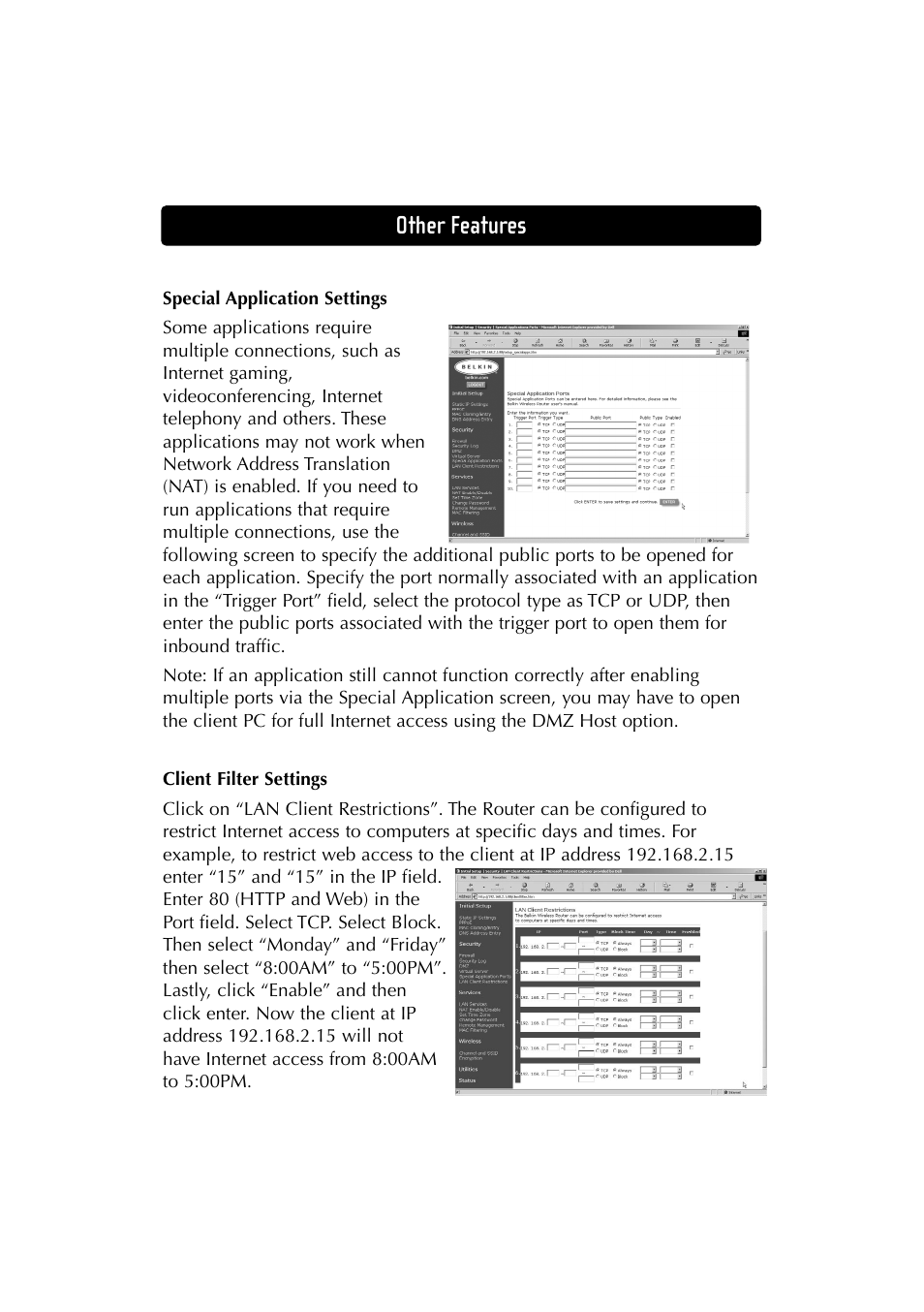 Other features | Belkin F5D6230-3 User Manual | Page 54 / 71