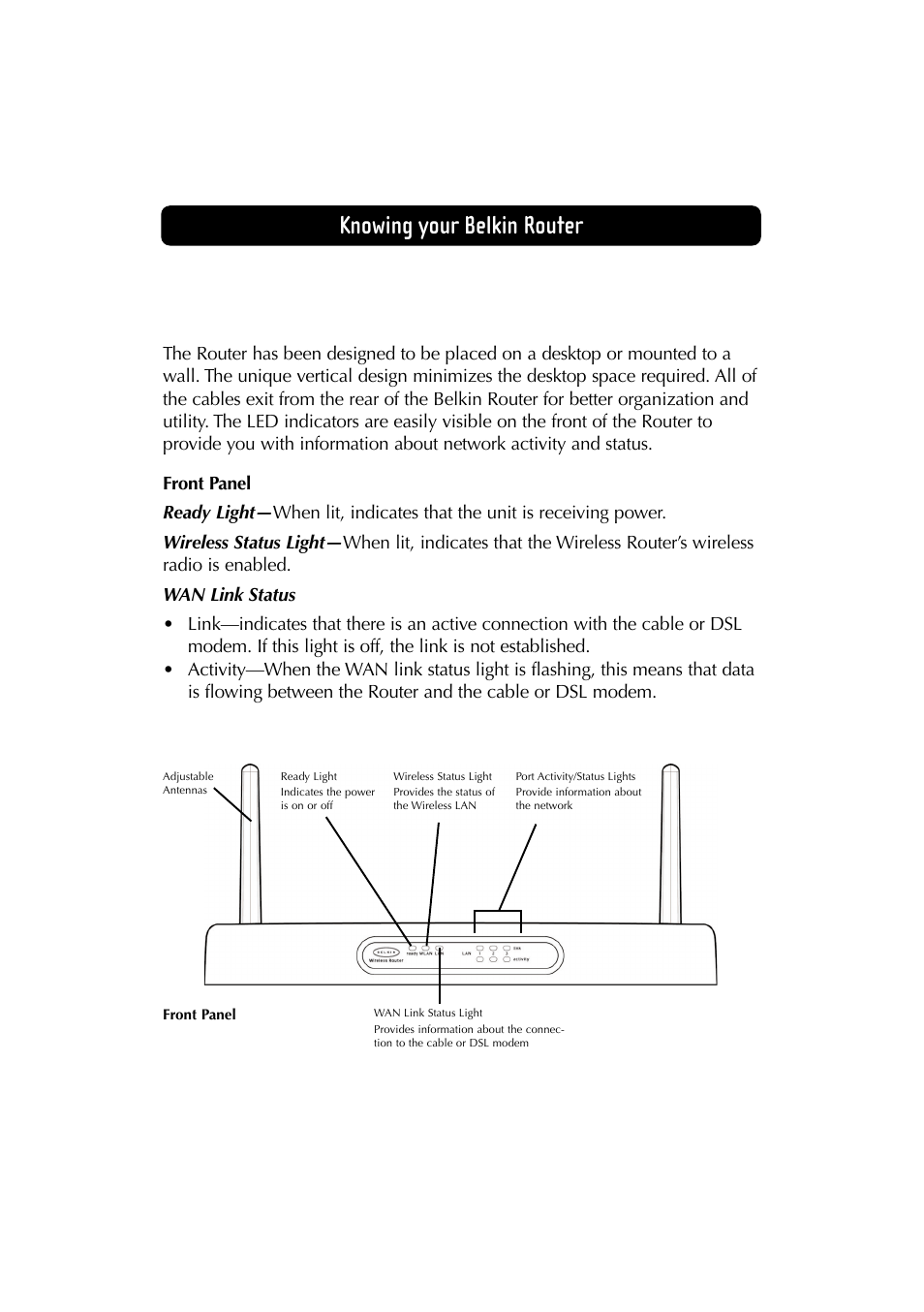 Knowing your belkin router | Belkin F5D6230-3 User Manual | Page 6 / 71