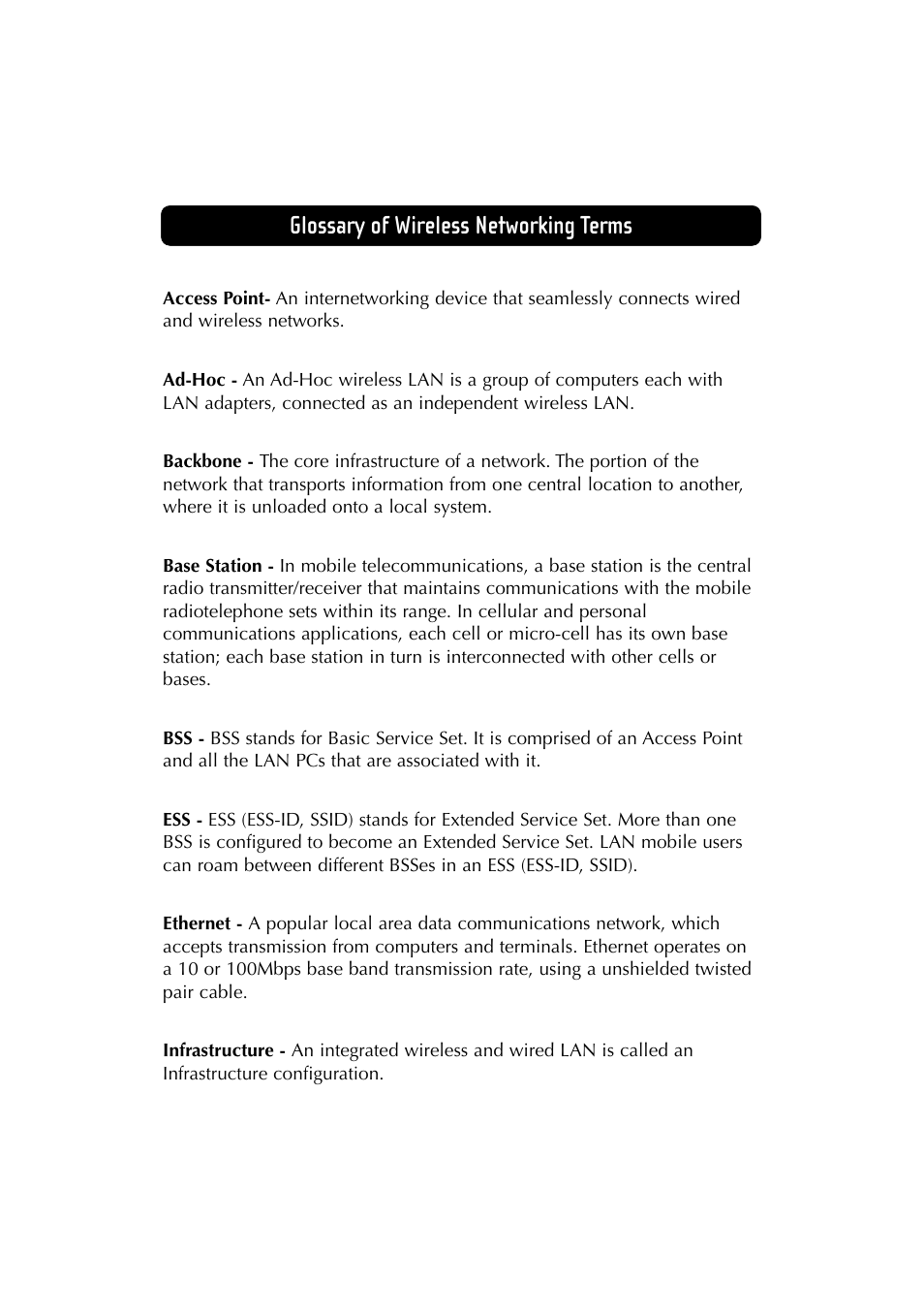 Glossary of wireless networking terms | Belkin F5D6230-3 User Manual | Page 61 / 71