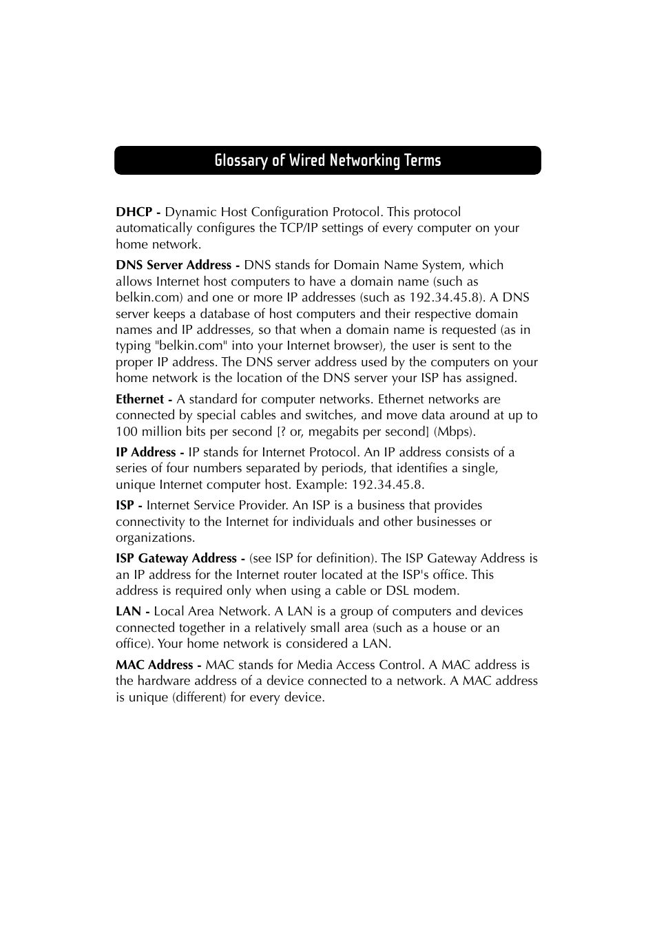 Glossary of wired networking terms | Belkin F5D6230-3 User Manual | Page 63 / 71