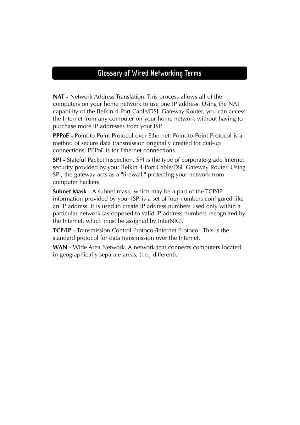 Glossary of wired networking terms | Belkin F5D6230-3 User Manual | Page 64 / 71