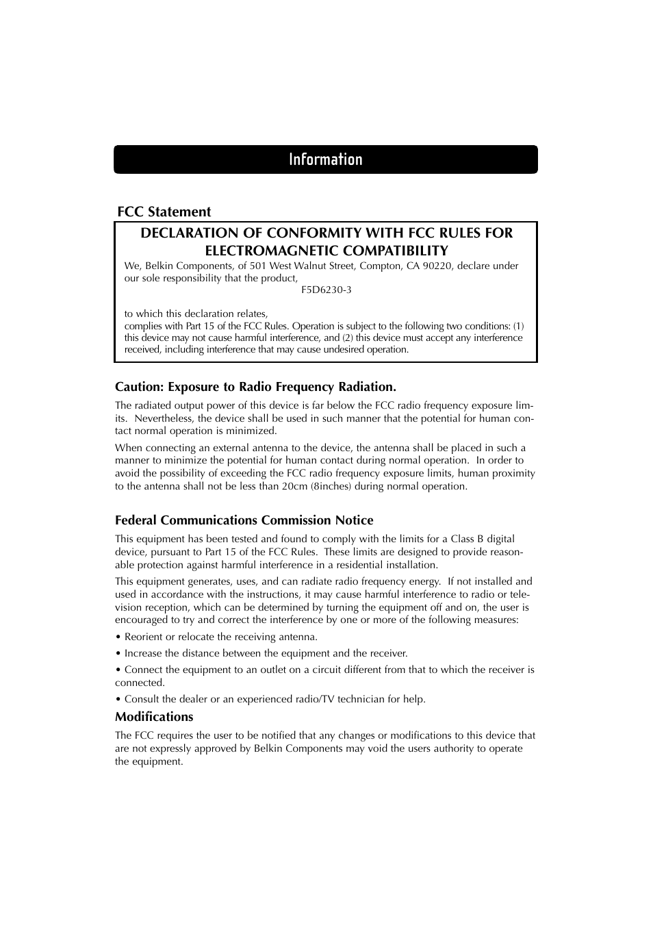 Information | Belkin F5D6230-3 User Manual | Page 68 / 71
