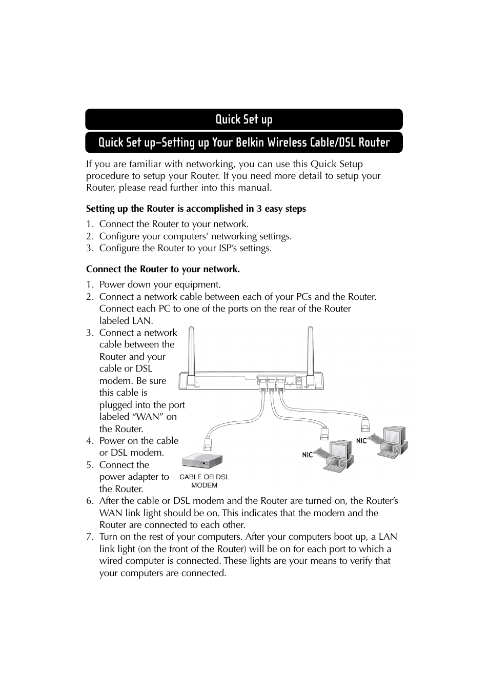 Quick set up | Belkin F5D6230-3 User Manual | Page 8 / 71