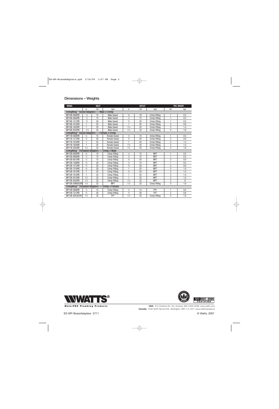 Dimensions – weights | Watts WP13B User Manual | Page 2 / 2