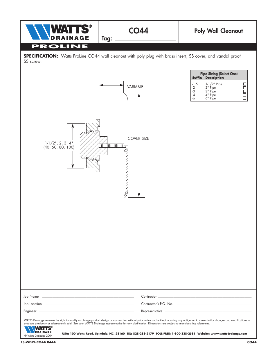 Watts CO44 User Manual | 1 page