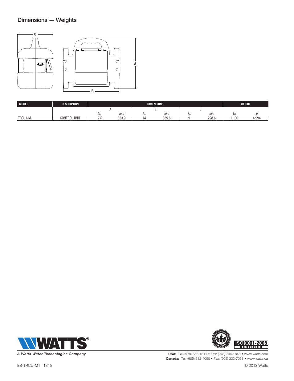 Dimensions — weights | Watts TRFC20-M1 User Manual | Page 2 / 2