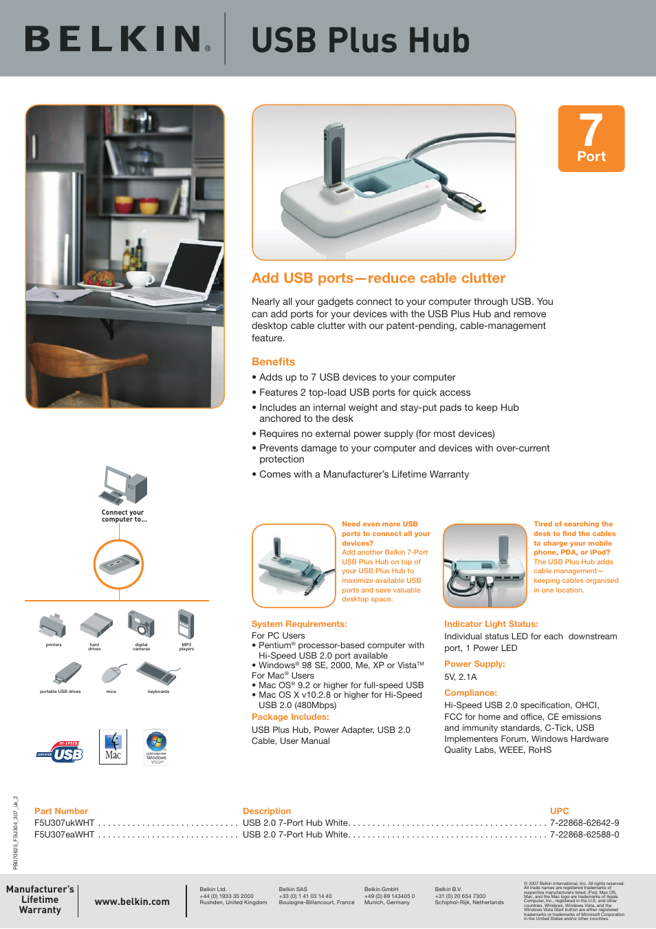 Usb plus hub, Add usb ports—reduce cable clutter, Port | Beneﬁts | Belkin F5U304UKWHT User Manual | Page 2 / 4