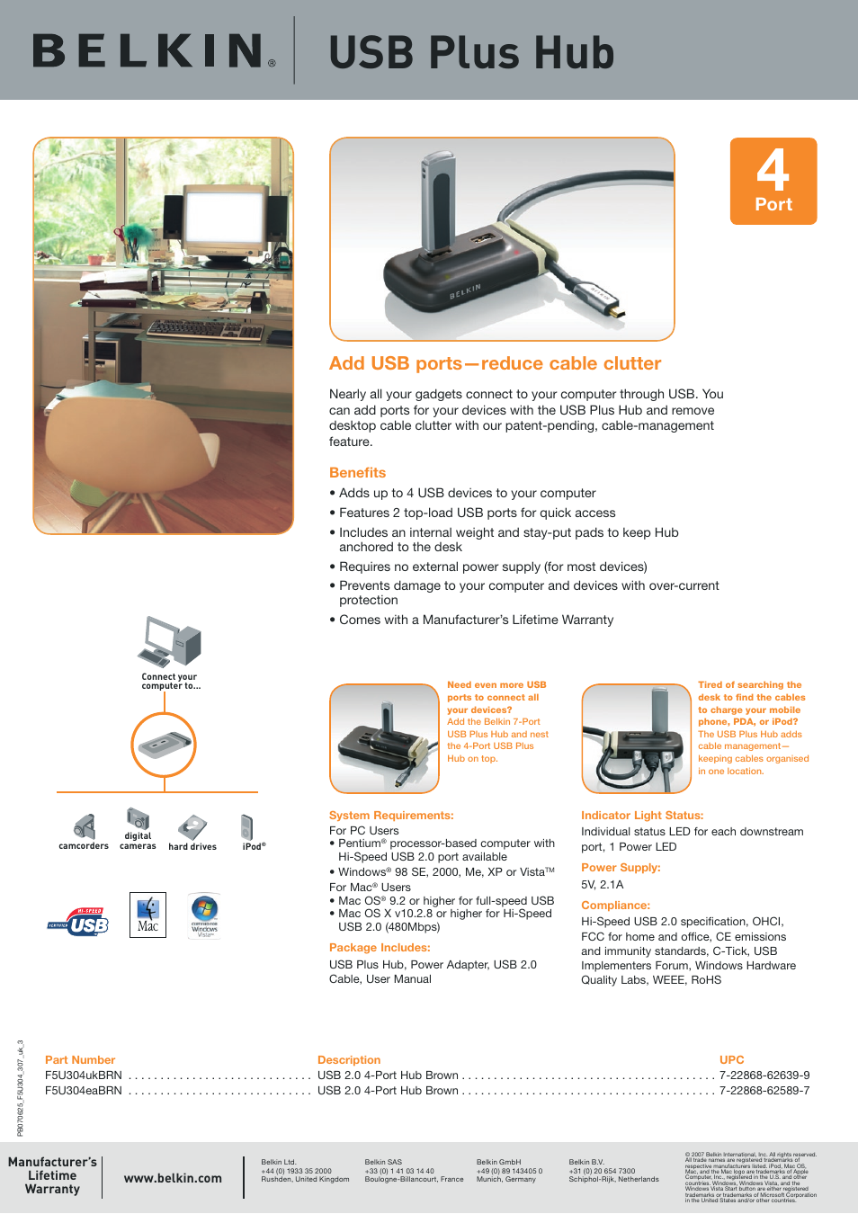 Usb plus hub, Add usb ports—reduce cable clutter, Port | Beneﬁts | Belkin F5U304UKWHT User Manual | Page 3 / 4