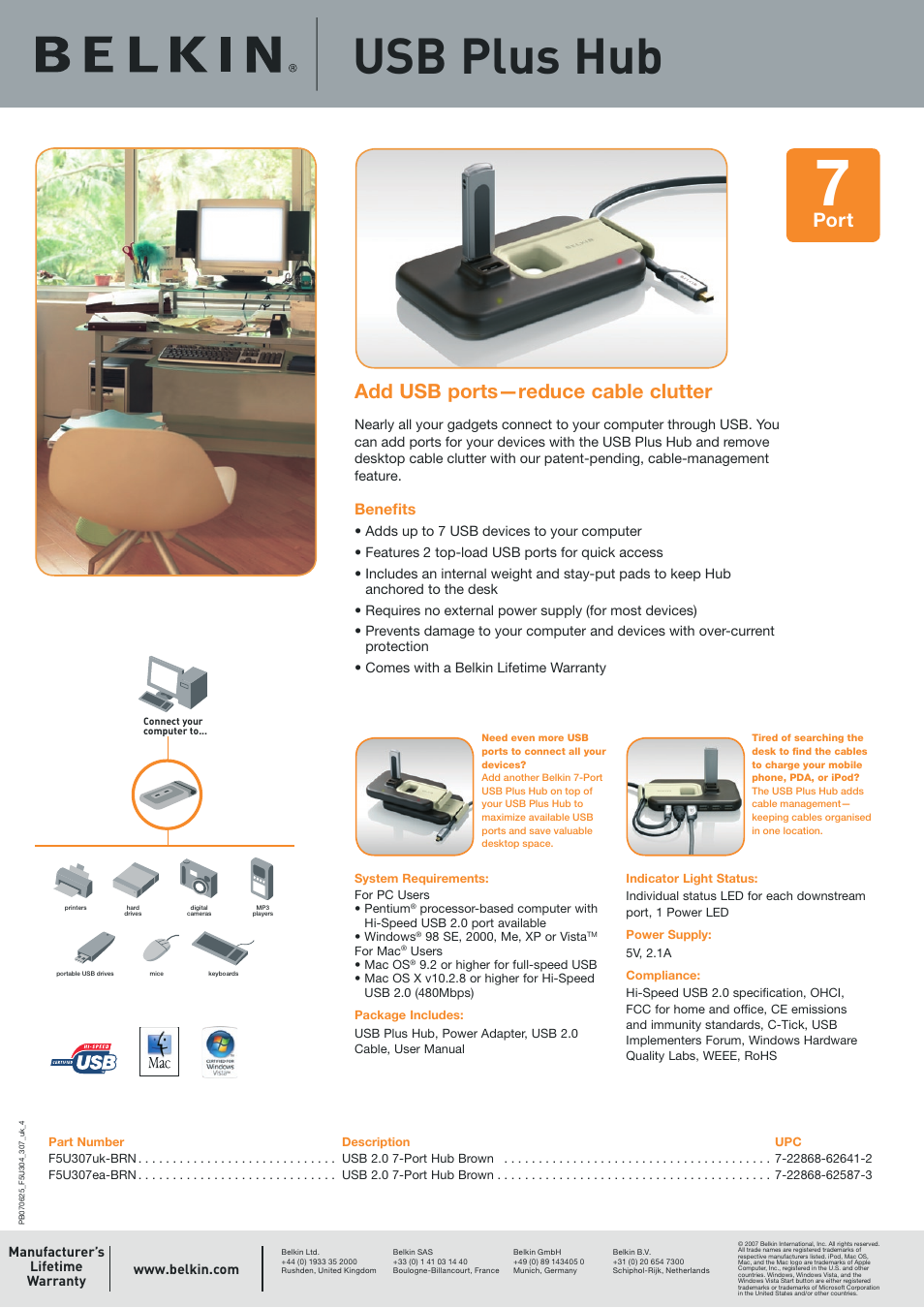 Usb plus hub, Add usb ports—reduce cable clutter, Port | Beneﬁts | Belkin F5U304UKWHT User Manual | Page 4 / 4