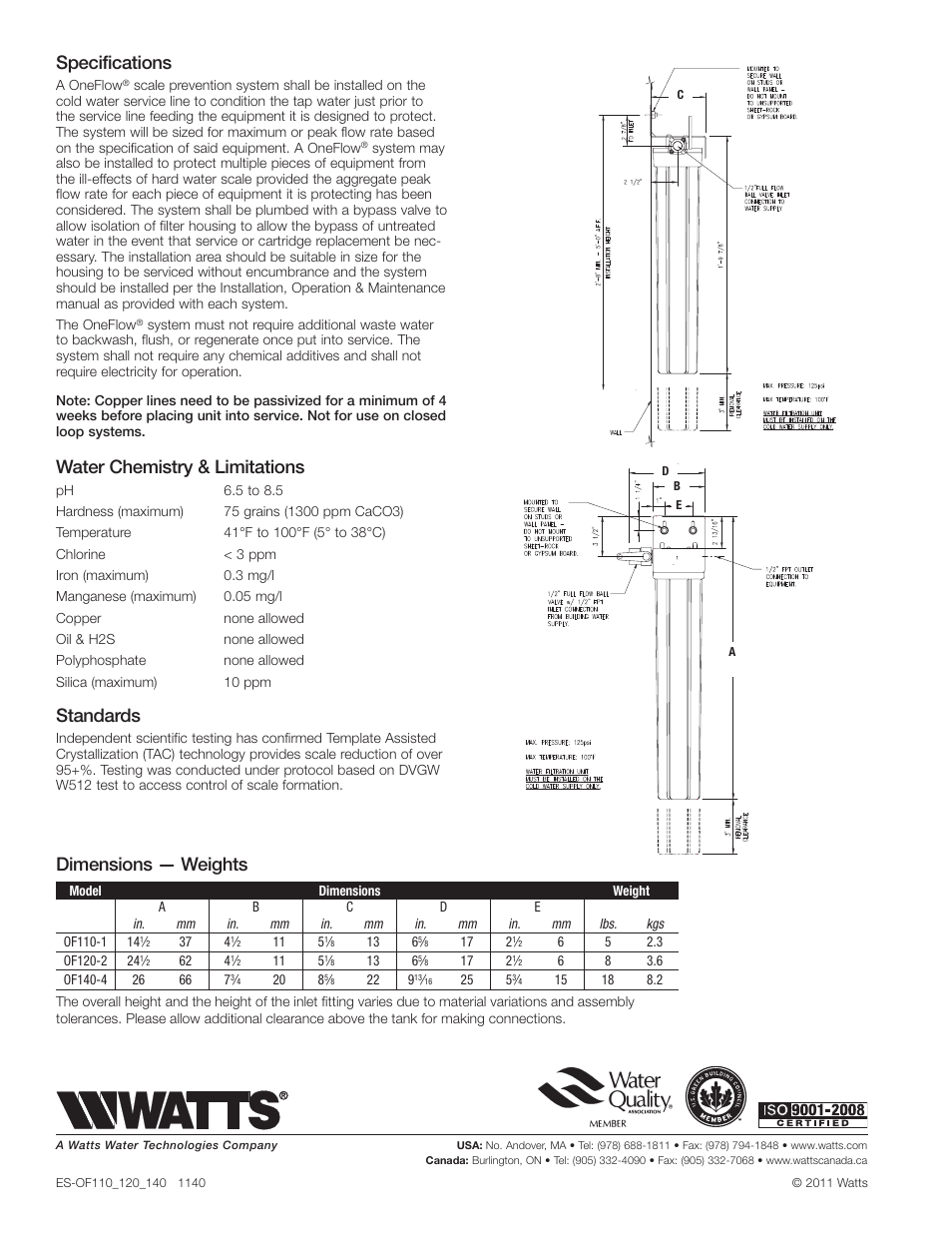 Specifications, Water chemistry & limitations, Standards | Dimensions — weights | Watts OF140-4 User Manual | Page 2 / 2