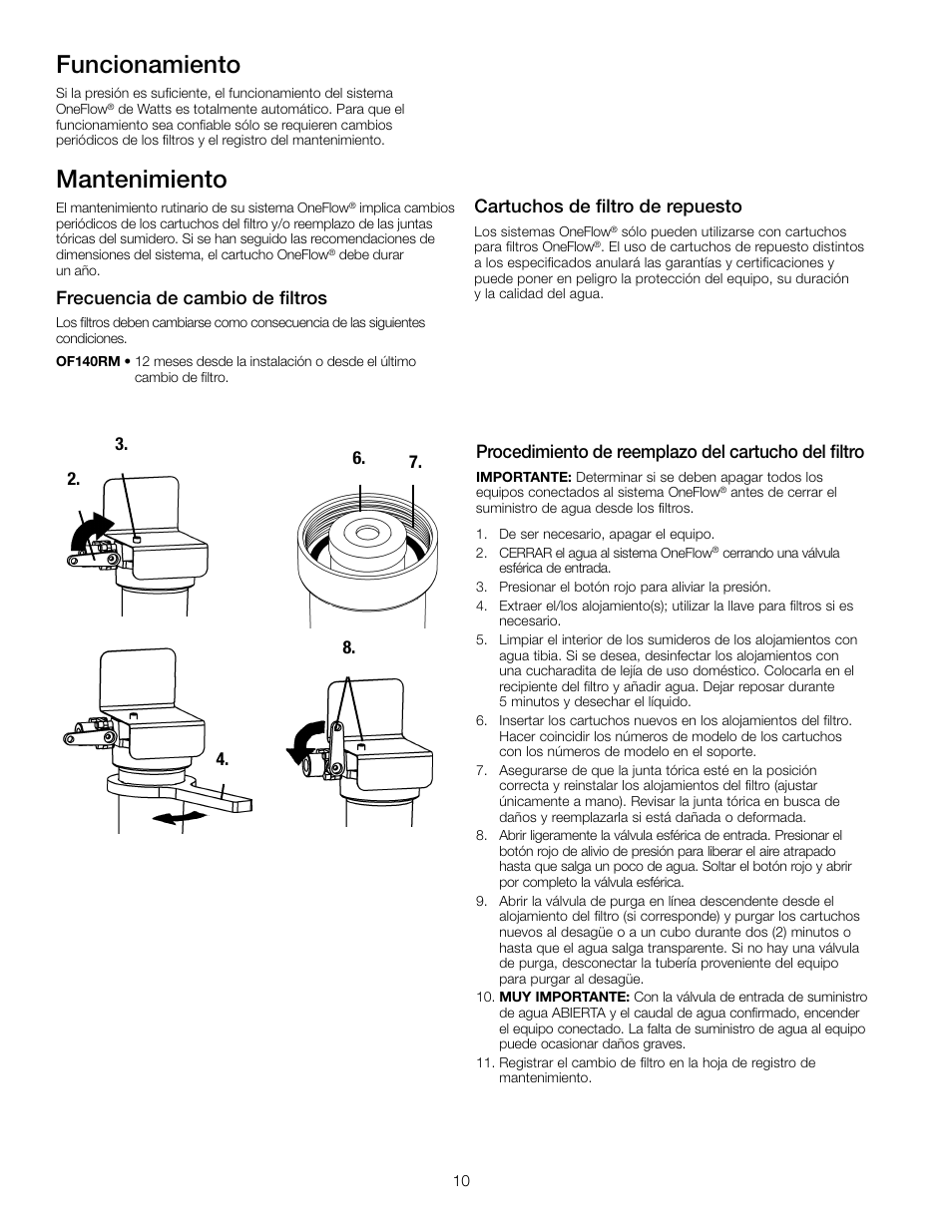 Mantenimiento, Funcionamiento, Procedimiento de reemplazo del cartucho del filtro | Frecuencia de cambio de filtros, Cartuchos de filtro de repuesto | Watts OF140-4 User Manual | Page 10 / 20