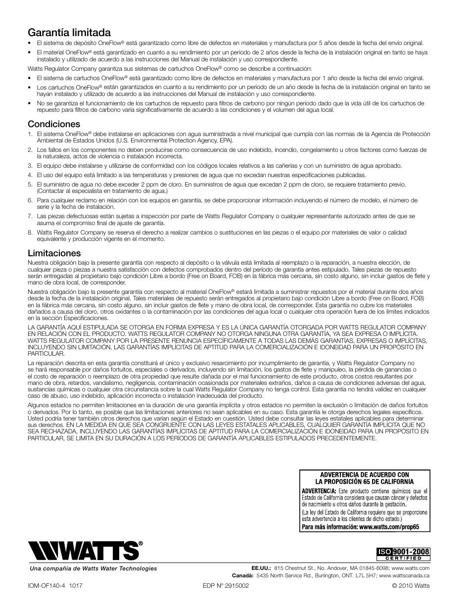 Garantía limitada, Condiciones, Limitaciones | Watts OF140-4 User Manual | Page 12 / 20