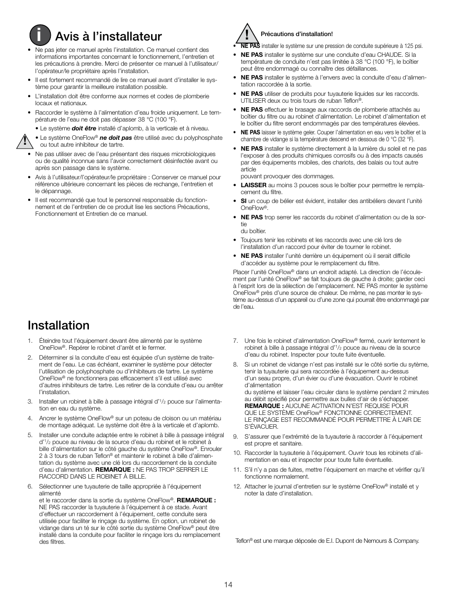 Avis à l’installateur, Installation | Watts OF140-4 User Manual | Page 14 / 20