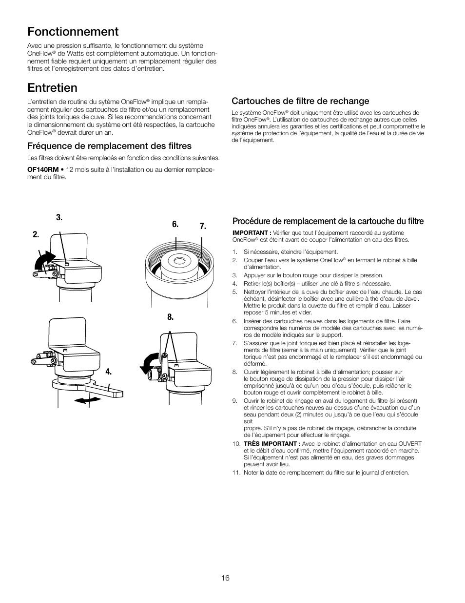 Entretien, Fonctionnement, Fréquence de remplacement des filtres | Cartouches de filtre de rechange | Watts OF140-4 User Manual | Page 16 / 20