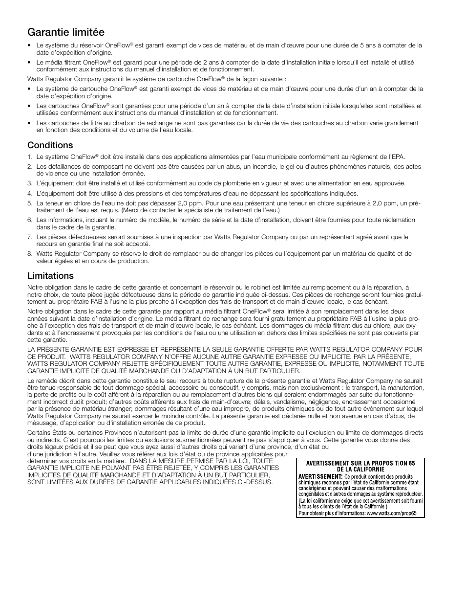 Garantie limitée, Conditions, Limitations | Watts OF140-4 User Manual | Page 18 / 20