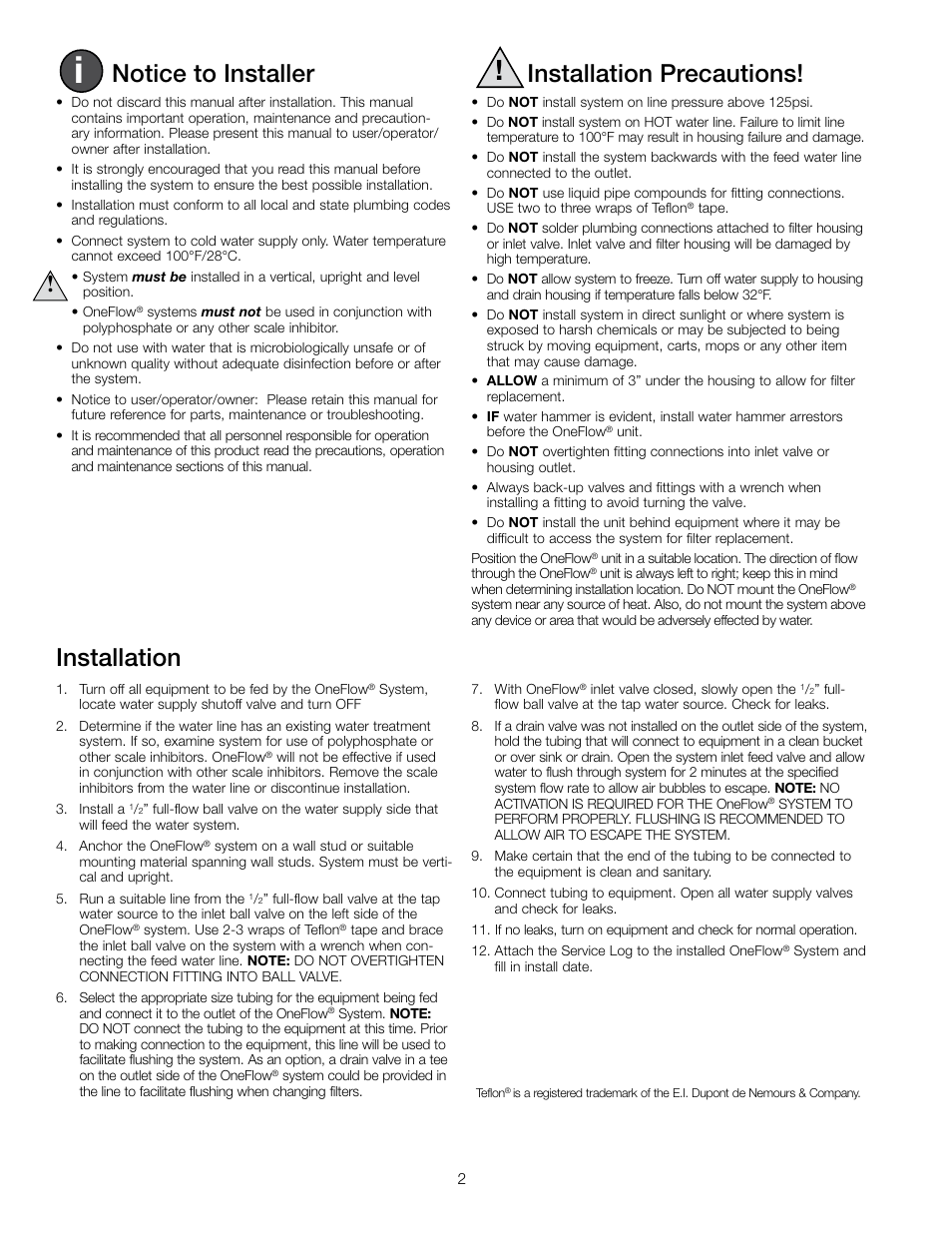 Notice to installer, Installation precautions, Installation | Watts OF140-4 User Manual | Page 2 / 20