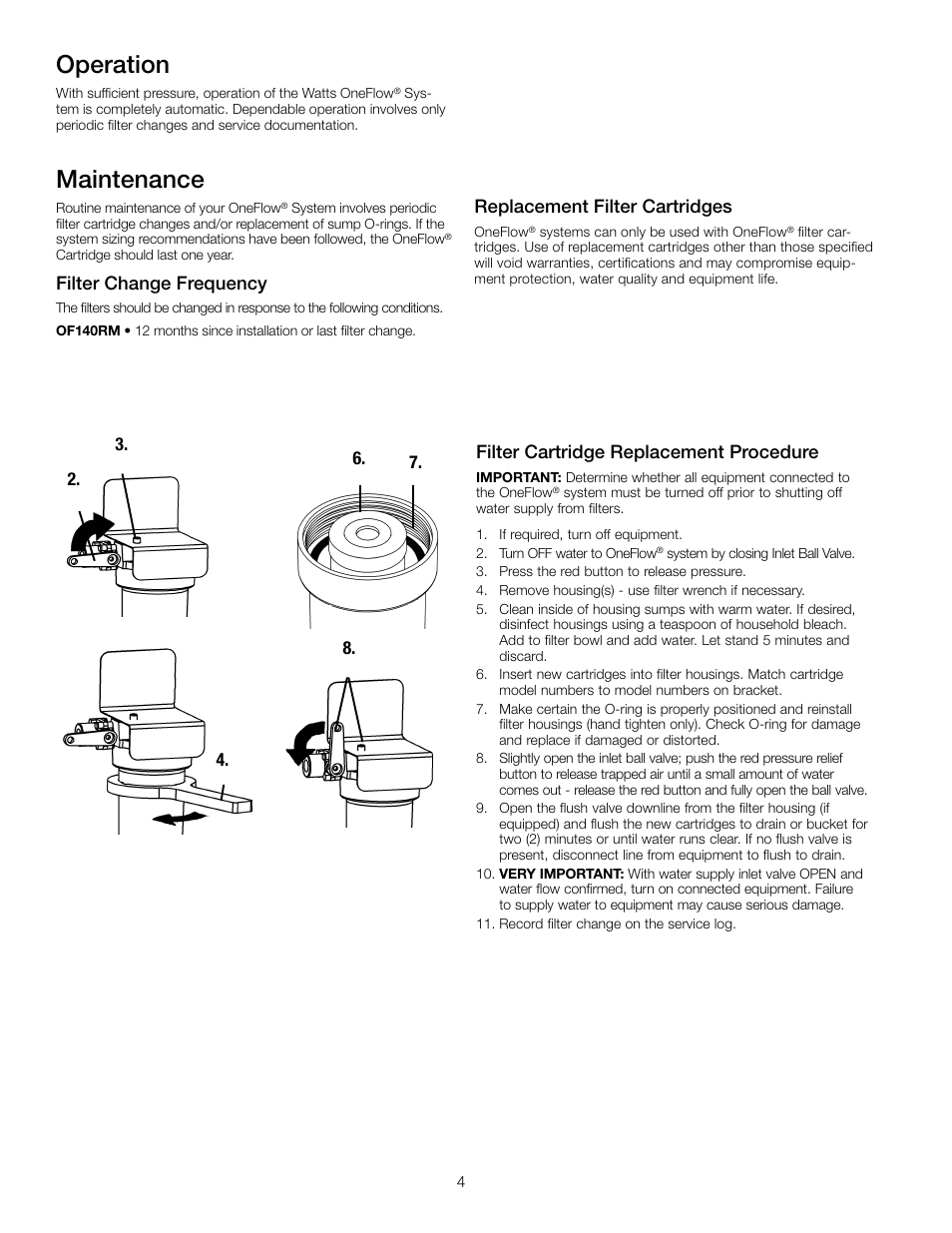 Maintenance, Operation, Filter cartridge replacement procedure | Filter change frequency, Replacement filter cartridges | Watts OF140-4 User Manual | Page 4 / 20