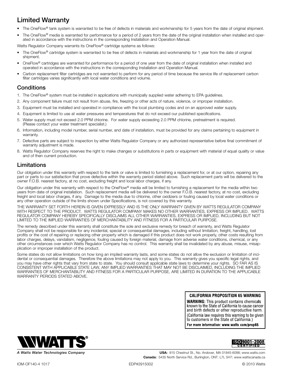 Limited warranty, Conditions, Limitations | Watts OF140-4 User Manual | Page 6 / 20