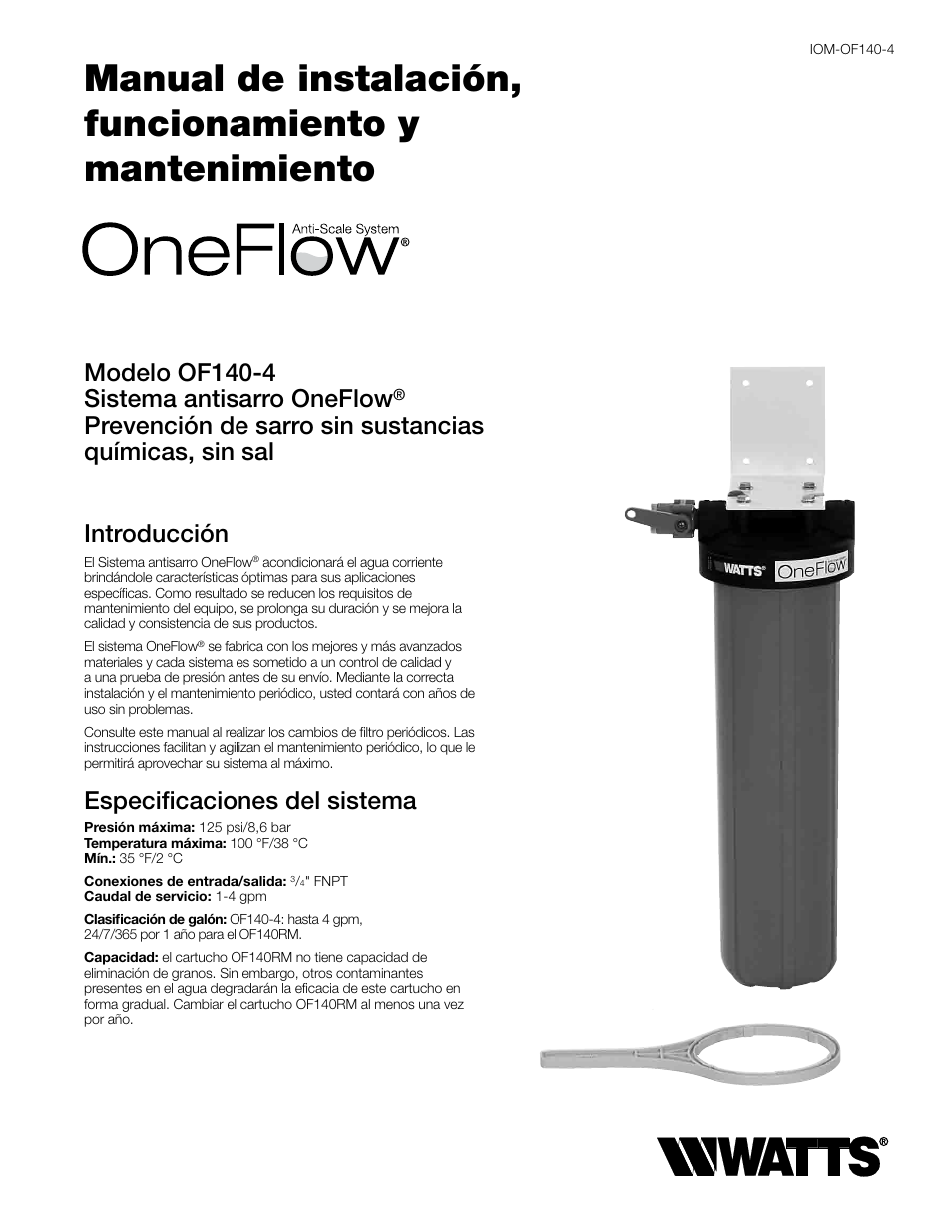 Modelo of140-4 sistema antisarro oneflow, Especificaciones del sistema | Watts OF140-4 User Manual | Page 7 / 20