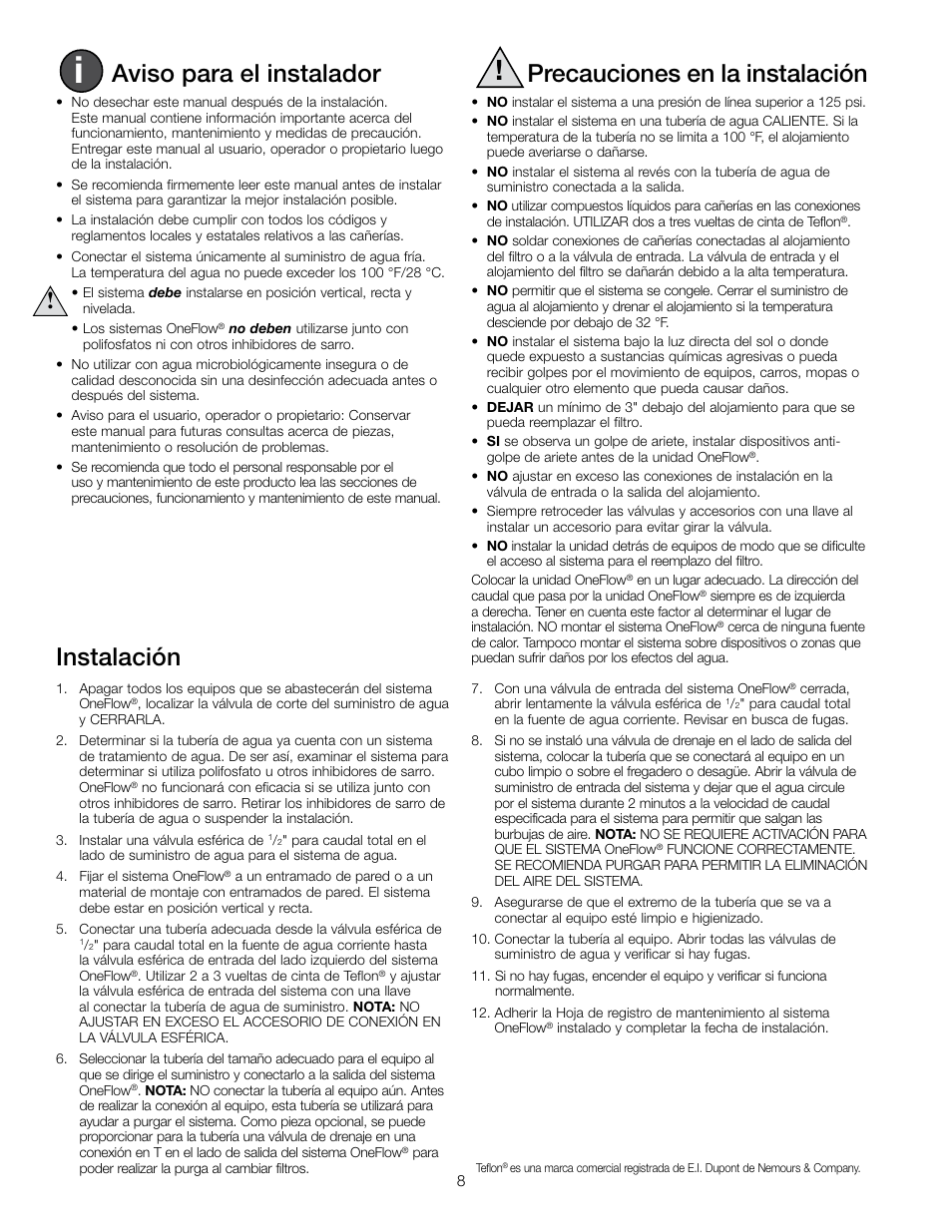 Aviso para el instalador, Precauciones en la instalación, Instalación | Watts OF140-4 User Manual | Page 8 / 20