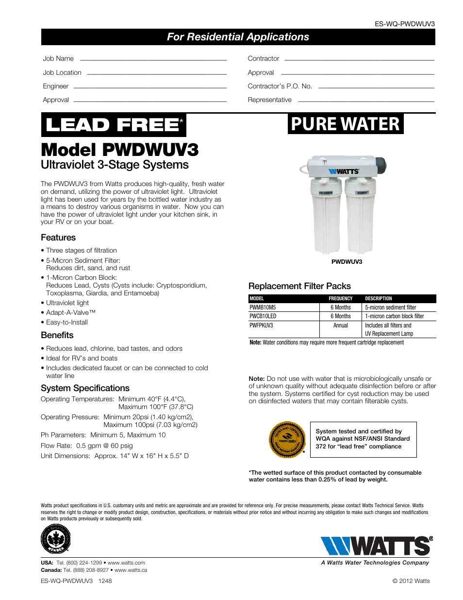 Watts PWDWUV3 User Manual | 1 page
