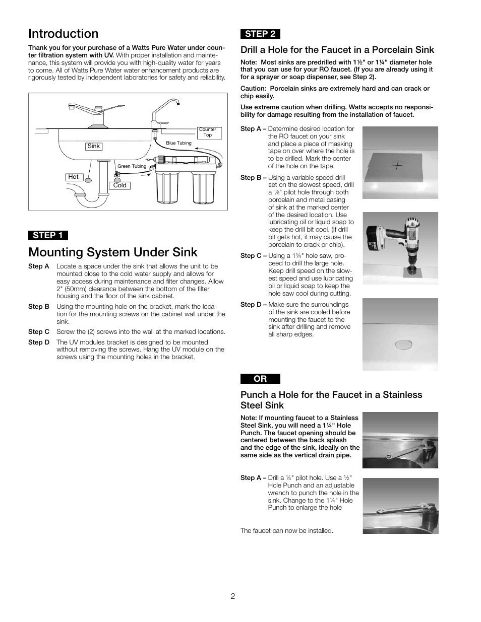 Introduction, Mounting system under sink, Drill a hole for the faucet in a porcelain sink | Step 1, Step 2 | Watts PWDWUV3 User Manual | Page 2 / 8