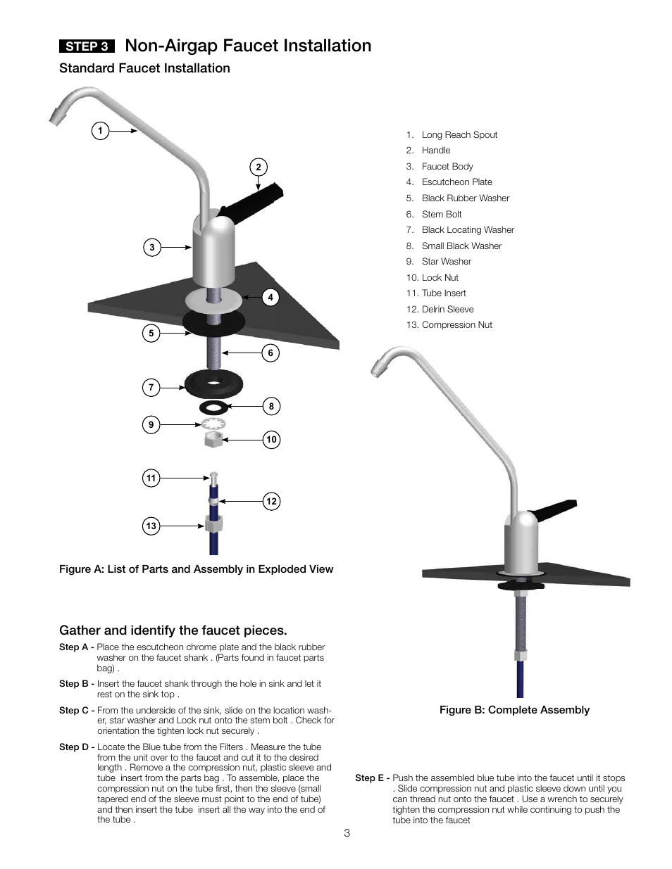 Non-airgap faucet installation, Standard faucet installation, Gather and identify the faucet pieces | Watts PWDWUV3 User Manual | Page 3 / 8