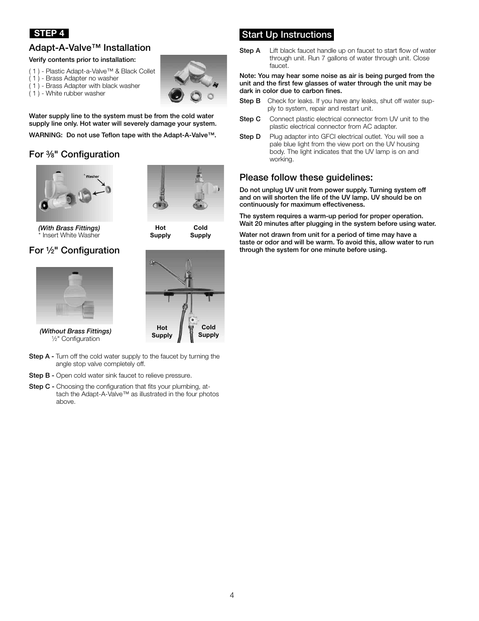 Please follow these guidelines, Start up instructions adapt-a-valve™ installation, Configuration for | Configuration, Step 4 | Watts PWDWUV3 User Manual | Page 4 / 8