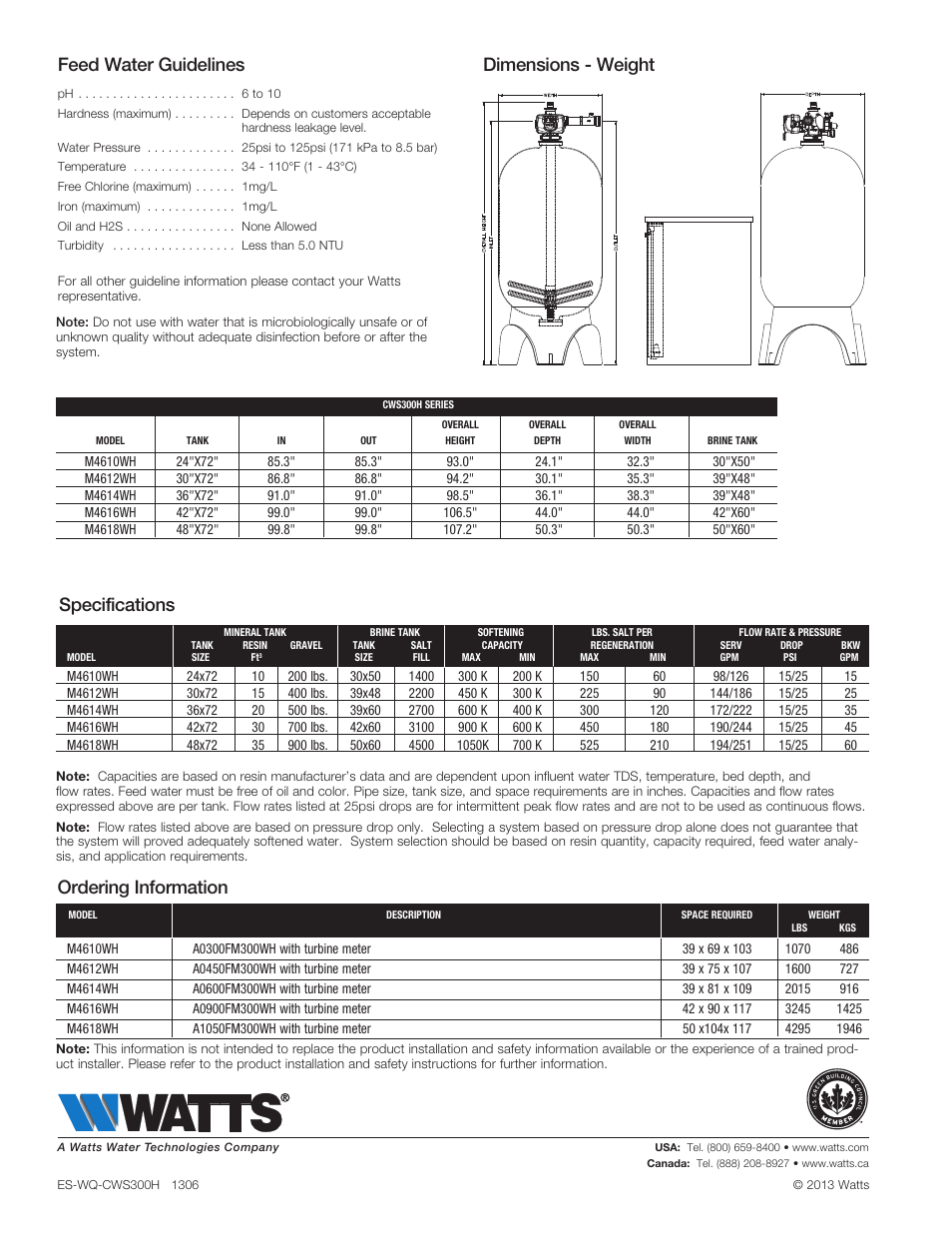 Feed water guidelines, Ordering information specifications, Dimensions - weight | Watts CWS300H User Manual | Page 2 / 2