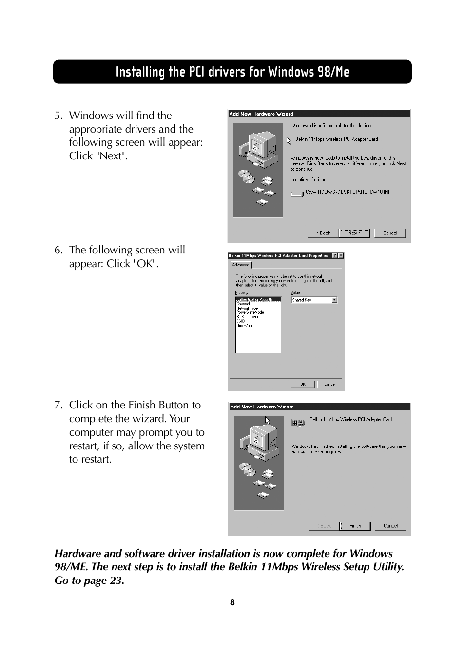 Installing the pci drivers for windows 98/me | Belkin Wireless Notebook Network Card User Manual | Page 10 / 49